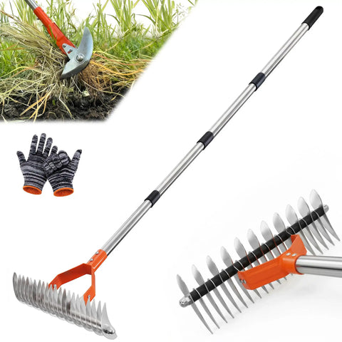 Workhorse Thatch Rake With 68 Inch Adjustable Handle And 14 Inch Dethatching Rake Head Dual Sided 3 In 1 Steel Tines