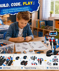 Boy assembling Awesome Remote Control Robot Building Kit For Kids Ages 6 To 12 With App Control And Coding Lessons STEM Educational