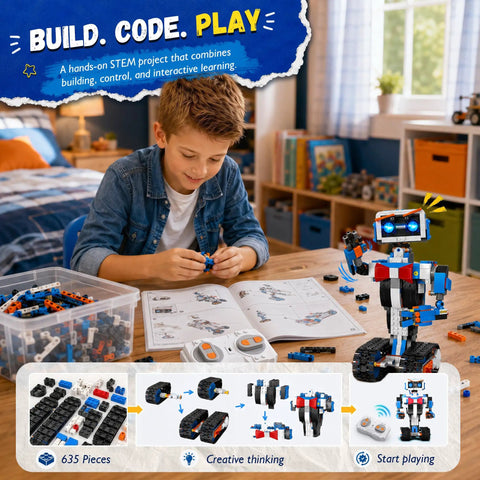 Boy assembling Awesome Remote Control Robot Building Kit For Kids Ages 6 To 12 With App Control And Coding Lessons STEM Educational