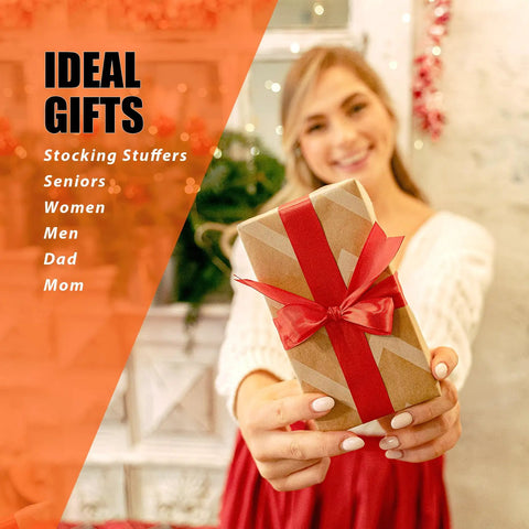Person holding a gift with red bow, ideal for stocking stuffers, seniors, women, men, dad, mom.
