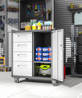 Beefy Metal Garage Storage Cabinet On Wheels With Lockable Drawer And Shelves in workshop setting, tools organized inside.