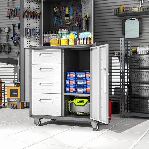 Beefy Metal Garage Storage Cabinet On Wheels With Lockable Drawer And Shelves in workshop setting, tools organized inside.