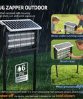 Outdoor Solar Bug Zapper for 3000 Sq Ft Coverage with 3 LED Tubes, waterproof mosquito killer shown in rain with solar panel and cleaning instructions.