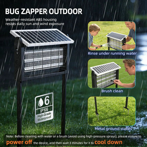 Outdoor Solar Bug Zapper for 3000 Sq Ft Coverage with 3 LED Tubes, waterproof mosquito killer shown in rain with solar panel and cleaning instructions.