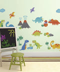 Cute Dinosaur Wall Decals For Nursery And Kids Room, Reusable Peel And Stick Sticker Art on light green wall with volcanoes