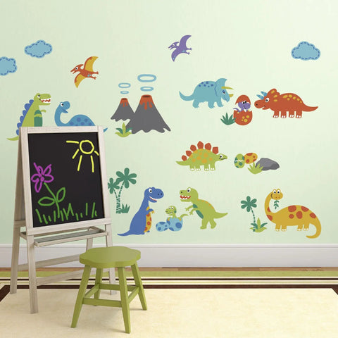 Cute Dinosaur Wall Decals For Nursery And Kids Room, Reusable Peel And Stick Sticker Art on light green wall with volcanoes