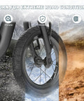 Fat Sixteen By Two Point Five Inch Electric Bike Tire With All Terrain Knobby Tread For E Trikes And E Bikes Foldable Replacement Tire For Snow Sand Mud And Dirt High Traction And Strong Grip Durable Heavy Duty Design, close-up on front wheel