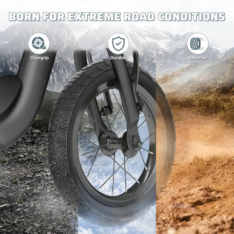 Fat Sixteen By Two Point Five Inch Electric Bike Tire With All Terrain Knobby Tread For E Trikes And E Bikes Foldable Replacement Tire For Snow Sand Mud And Dirt High Traction And Strong Grip Durable Heavy Duty Design, close-up on front wheel