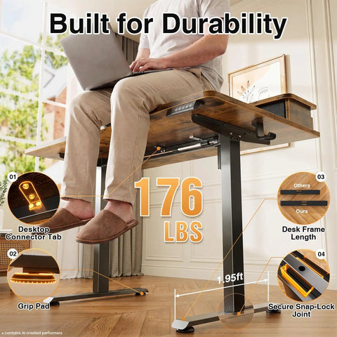 Premium Electric Standing Desk With Drawers And Monitor Shelf Adjustable Height Sit Stand Workstation Ergonomic Home Office Table Brown Finish showcasing durability and weight capacity of 176 lbs.