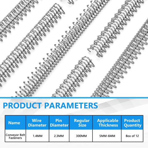 Close-up of 12 Inch Conveyor Belt Fastener Kit In 316 Stainless Steel Clipper Lacing For Belts 0.2 To 0.24 Inches Includes 70 Inch Hinge Pins Built For Light Industrial Duty with product parameters chart