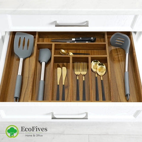 Expandable Acacia Kitchen Drawer Organizer with Grooved Dividers Eight Slot Silverware Tray for Flatware and Utensils