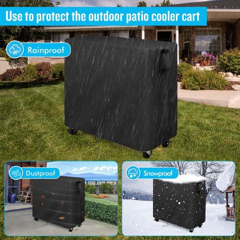 Waterproof Rolling Cooler Cart Cover For Outdoor Patio And Party Carts With Wheels 38 Inch Long By 36 Inch Wide By 23 Inch High 420D Oxford Fabric Weatherproof Ice Chest Cover in rain, dust, and snowproof conditions