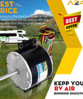 Replacement Fan Motor For Dometic Brisk Air II Genteq F48AF70A61 shown outdoors with RV, highlighting 1/5 HP blower motor.