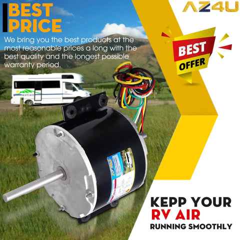 Replacement Fan Motor For Dometic Brisk Air II Genteq F48AF70A61 shown outdoors with RV, highlighting 1/5 HP blower motor.