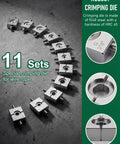 11 die sets for the 10 Ton Hydraulic Wire Rope Crimping Tool, made of robust steel for crimping wire rope sleeves.