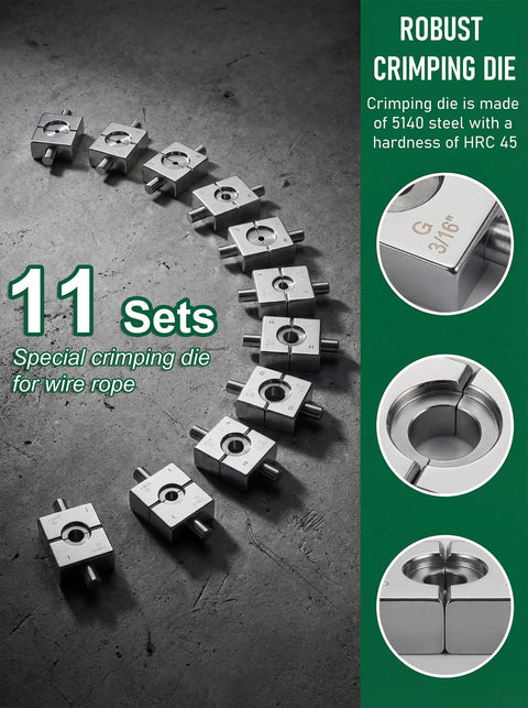 11 die sets for the 10 Ton Hydraulic Wire Rope Crimping Tool, made of robust steel for crimping wire rope sleeves.