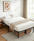 Rock Solid Twin Metal Platform Bed Frame Featuring Heavy Duty Steel Slats And Six Sturdy Legs No Box Spring Required Straight Forward Assembly with bedding in modern room.