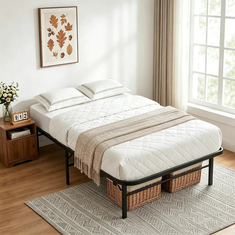 Rock Solid Twin Metal Platform Bed Frame Featuring Heavy Duty Steel Slats And Six Sturdy Legs No Box Spring Required Straight Forward Assembly with bedding in modern room.