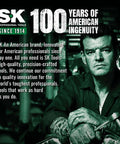 Man holding a tool with tattoos on arm; text about SK Professional Tools' 100-year history of American innovation.