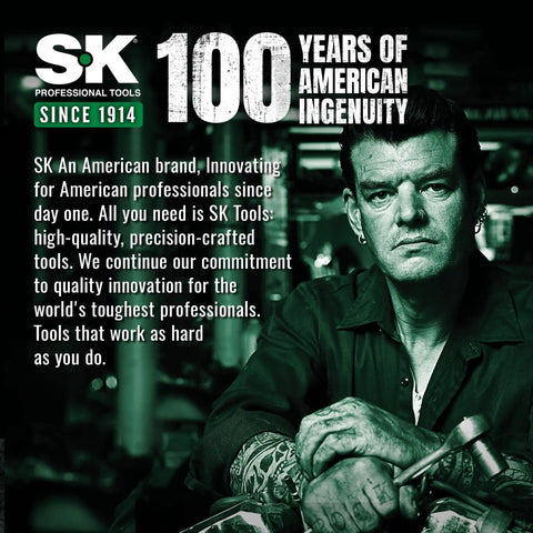 Man holding tools with text '100 Years of American Ingenuity' and SK Professional Tools logo in background.