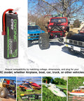 7.4V 5200mAh 80C LiPo Battery for RC Cars Drones With Soft Case and Dean Style T Plug 2S 1 8th and 1 10th Scale JST XHR 3P Housing 2 Pack Ideal for Slash Buggy Truggy Airplane UAV FPV next to various RC vehicles.