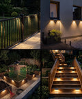 Solid Solar Fence Lights Outdoor Deck Waterproof Warm White Glow 8 Pack illuminates fence and steps at night in backyard garden.