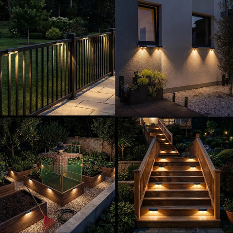 Solid Solar Fence Lights Outdoor Deck Waterproof Warm White Glow 8 Pack illuminates fence and steps at night in backyard garden.