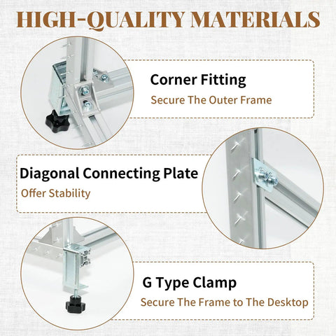 35.5 Inch Rug Tufting Frame Kit For DIY Carpet Making Aluminum Nail Frame Easy Setup Multi Purpose Tufting Tool For Guns Hand Tools Embroidery Machines Ideal For Beginners. close-up of aluminum corner fitting and G clamp