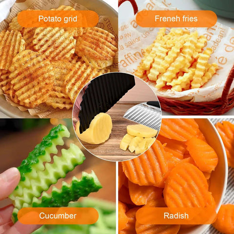 Three-piece stainless steel crinkle cutter knife set with two styles for potato, carrot, cucumber and fruit