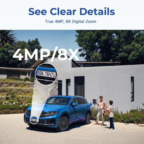 Zoomed image of a license plate and house using 4MP Indoor Outdoor Home Security Camera System, 2 Pack, 2.4G And 5G WiFi.