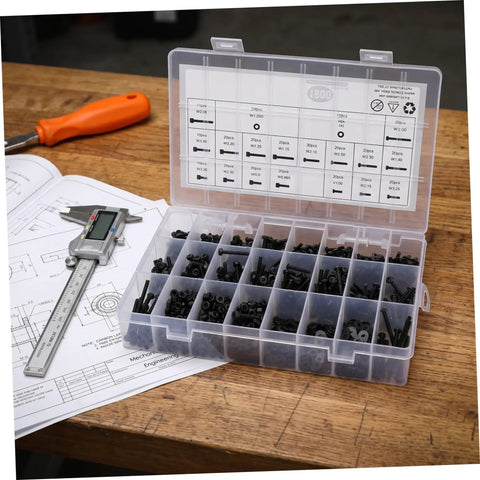 Shop Grade Metric Socket Head Cap Screw Assortment Kit With 1600 Pieces showing a stackable box filled with various screws.