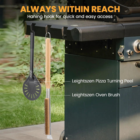 21 Inch Pizza Brush With Brass Bristles And Stone Scraper Wood Handle With Hanging Ring On Outdoor Grill