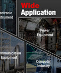 Collage showing electronic instruments, power and communication equipment, computer industry labeled 'Wide Application.'