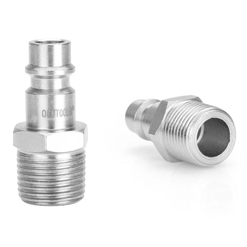 Two metal fittings from High Flow 7 Piece Air Coupler And Plug Kit With One Quarter Inch Body And Three Eighth Inch NPT Quick Connect Fittings