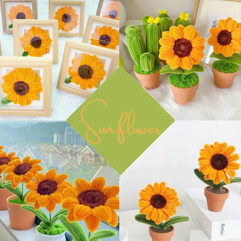Sunflower Bouquet Craft Kit With 210 Pipe Cleaner Flowers, 12 Green Floral Wires, Chenille Stems, Tape And Floral Paper For DIY Flower Arranging For Beginners With Easy Step By Step Tutorials And Five Color Options, sunflower craft examples in frames and pots