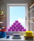 Purple Numbered Leg Bands 100 Pack for Pigeons and Doves 8mm Inner Diameter Elastic Bird ID Rings stacked on window sill