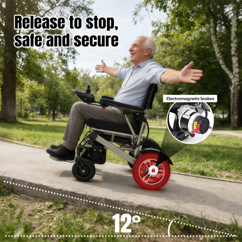 Foldable electric wheelchair for adults, side view, brown, dual batteries, Amazon BISS