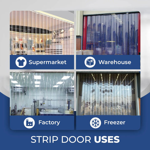 Easy Install Strip Door Curtain Kit 36 By 80 Inch Clear PVC Strips shown in supermarket, warehouse, factory, and freezer use.