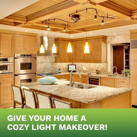 Modern kitchen with hanging lights over an island featuring wooden cabinets and a cozy ambiance