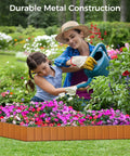 Cor-Ten Garden Edging Border Set, 6 Pack 5.5 Inch Tall by 40 Inch Long Panels surrounding flower bed, with gardener and child watering flowers.