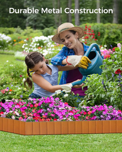 Cor-Ten Garden Edging Border Set, 6 Pack 5.5 Inch Tall by 40 Inch Long Panels surrounding flower bed, with gardener and child watering flowers.