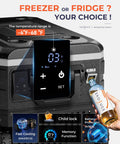 Massive 69 Quart 12V Portable Refrigerator And Freezer Cart shown with temperature control panel and bottle holder.