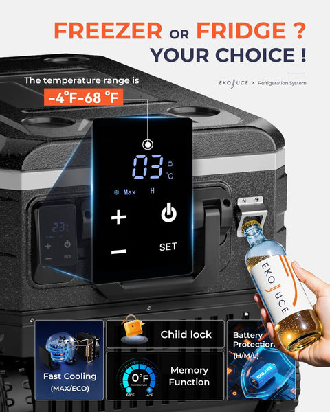 Massive 69 Quart 12V Portable Refrigerator And Freezer Cart shown with temperature control panel and bottle holder.