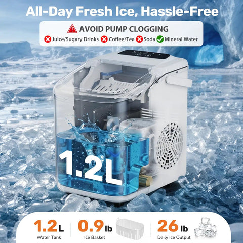 No-Hassle Portable Countertop Ice Maker With Scoop And Carry Handle, Fast Six Minute Freeze, Up To Twenty-Six Pounds Daily Output, Two Cube Sizes For Kitchens, Offices Or Chill Weekend Hangouts showing 1.2L water tank and ice basket.