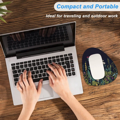 Small Mouse Pad 6 x 7 Inch Irregular Mini Pad With Non Slip Rubber Base Waterproof Compact Mouse Mat For Laptop, Wireless Mouse, Keyboard, Home Office Or Travel On The Go Midnight Flowers next to a laptop on a desk