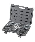 Open case of 43-Piece Harmonic Balancer Puller Kit with heavy-duty 4-way slotted yoke, pro-grade center forcing screw.