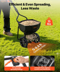 Broadcast Lawn Spreader With 9.8 Ft Coverage in use on grass, showing adjustable flow control and 10 in all terrain tires with 15 lb hopper.