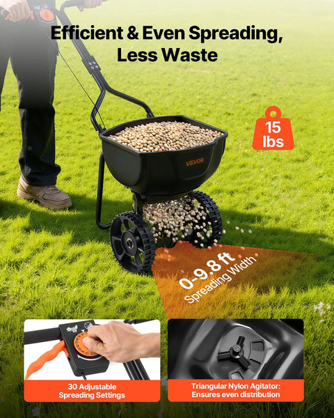 Broadcast Lawn Spreader With 9.8 Ft Coverage in use on grass, showing adjustable flow control and 10 in all terrain tires with 15 lb hopper.