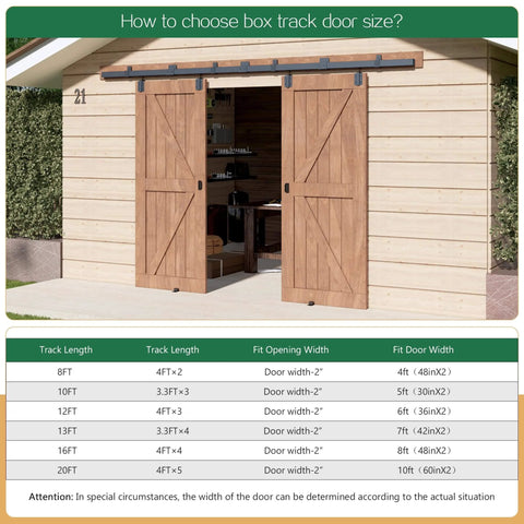 Heavy Duty 8 Ft Exterior Sliding Barn Door Hardware Kit Black Box Rail Track System For Double Doors, Wall Mounted shown installed on a wooden shed