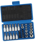 34-Piece Socket Set With Male Female And E-Security Bits Chrome Vanadium Steel Drive Tool Kit For T10 To T60 And E4 To E20 3/8-Inch And 1/4-Inch Drives Built For Pros And DIYers In The Garage, shown in a blue case, tools organized neatly.